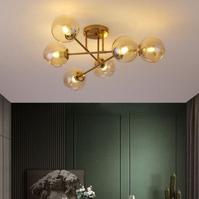 Postmodern Ball Flushmount Lighting Glass Living Room Semi Flush Ceiling Light in Brass