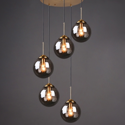 Postmodern Spiral Ceiling Light Ball Glass 5-Head Dining Room Multi Light Pendant in Brass