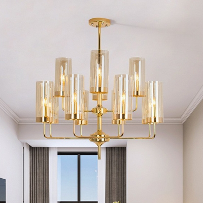 Postmodern Style Flute Chandelier Glass Living Room Suspended Lighting Fixture in Brass