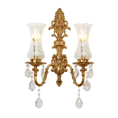 Printed Glass Vase Shade Wall Sconce Light Vintage Corridor Wall Mount Light in Bronze with Crystal Deco