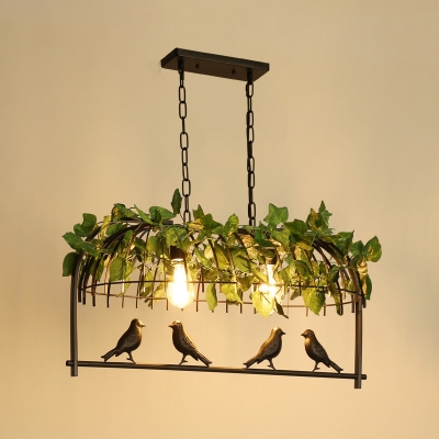 Rustic Birdcage Island Lamp Metal Suspension Pendant Light with Bird and Art Leaf Deco