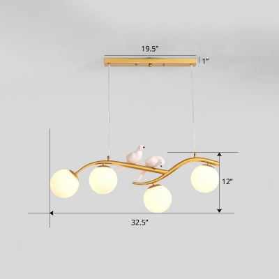 Tree Branch Restaurant Island Lamp Metal 4-Head Nordic Pendant Light with Bird Deco and Ball Glass Shade