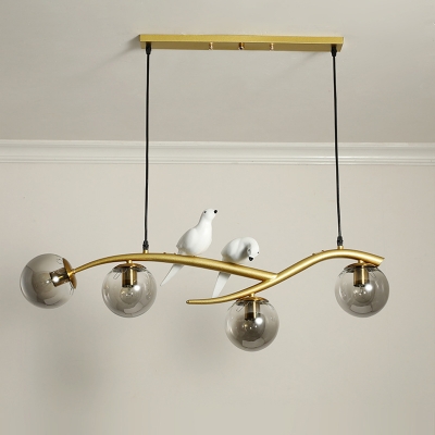 Tree Branch Restaurant Island Lamp Metal 4-Head Nordic Pendant Light with Bird Deco and Ball Glass Shade