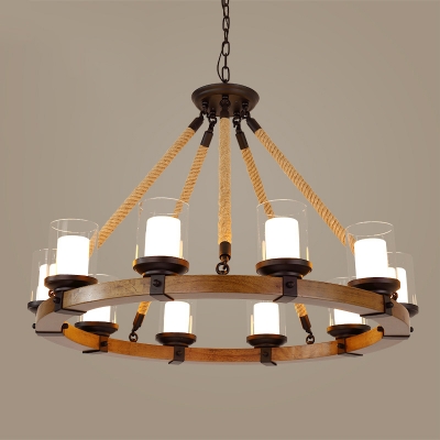 Wooden Circular Chandelier Pendant Nautical Living Room Hanging Light with Cylindrical Clear Glass Shade