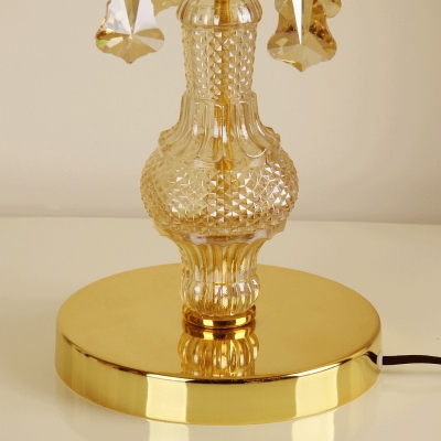 1-Light Nightstand Light Retro Wave-Trimmed Print Fabric Accent Table Lamp with Crystal Decorations in Gold