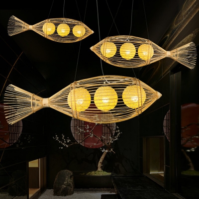 Asian 3-Bulb Hanging Light Wood Fish Shaped Suspension Pendant with Bamboo Cage Shade