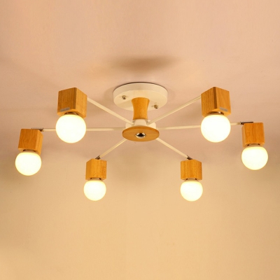 Bare Bulb Semi Flush Light Minimalist Wooden White Ceiling Fixture with Adjustable Joint