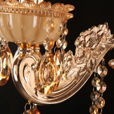 Candle Living Room Chandelier Traditional Amber Glass Gold Pendant Lighting with Crystal Drop