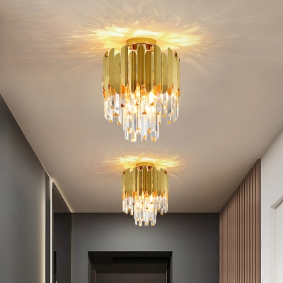 Cylindrical Corridor Semi Flush Mount Light Tri-Sided Crystal Postmodern Ceiling Lamp in Gold