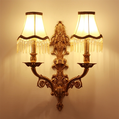 Fabric Gold Wall Mounted Lighting Paneled Bell Traditional Wall Light Sconce with Braided Trim and Fringe