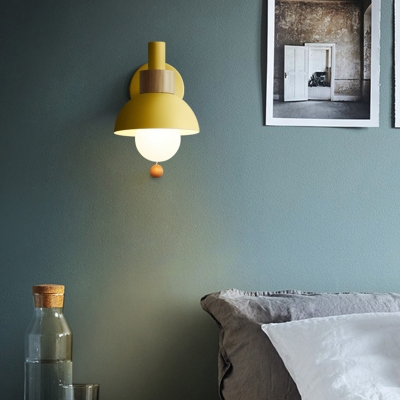 Flashlight Shaped Wall Light Fixture Macaron Metal Single Bedroom Sconce Lamp with Ball Pull Chain