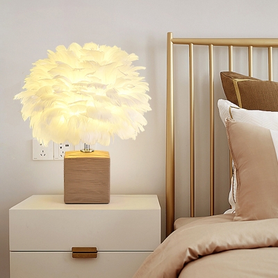 Goose Feather Sphere Table Light Modern 1 Bulb Nightstand Lamp with Cube Ceramic Base