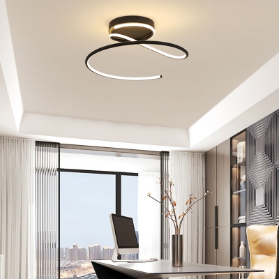 Minimalistic Curve Ceiling Mounted Fixture Aluminum LED Bedroom Semi Mount Lighting in Black