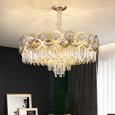 Round K9 Crystal Rod Suspension Lamp Simplicity White-Gold Chandelier for Living Room