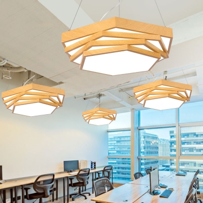 Tiered Hexagons LED Hanging Lamp Nordic Metal Office Ceiling Chandelier in Light Wood