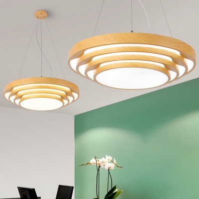 Tiered Round Office Hanging Light Metallic Modern Style LED Chandelier in Wood Grain