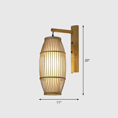 Wood Cage Wall Hanging Light Chinese 1 Bulb Bamboo Sconce Lighting for Restaurant
