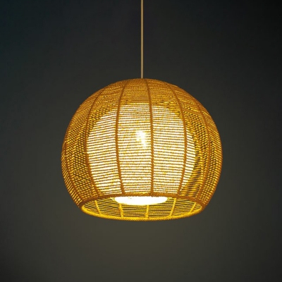 Wood Globe Hanging Light Minimalist 1-Bulb Rattan Fiber Pendant Lighting for Restaurant
