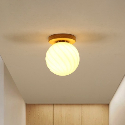 Wood Mini Flush Mounted Light Simplicity 1 Head Milk Glass Ceiling Lamp for Aisle