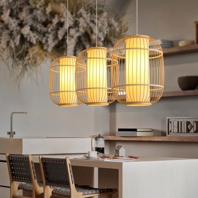 Beige Oval Hanging Ceiling Lantern Asia 1-Light Bamboo Pendant Light for Dining Room