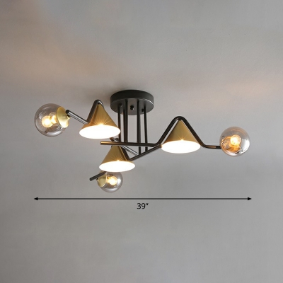 Brass Conical Ceiling Flush Light Postmodern Metal Semi Flush Light with Ball Glass Shade