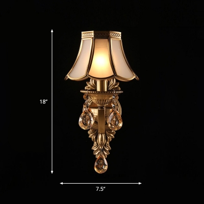 Brass Flared Wall Mount Lamp Traditional Frosted Glass Single Bedroom Wall Light with Crystal Decor
