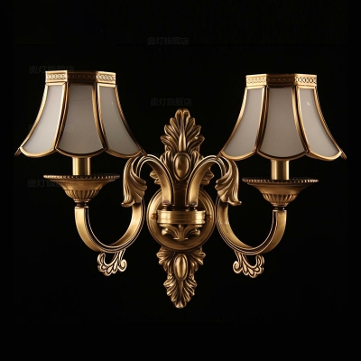 Bronze 2-Bulb Wall Lamp Traditional Frosted Glass Flared Sconce Light with Scalloped Edge