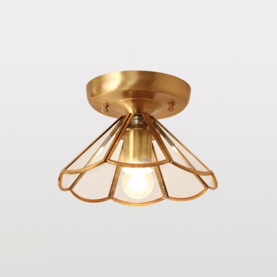 Conical Corridor Flush Light Fixture Minimalist Glass 1 Head Brass Ceiling Light with Scalloped Edge