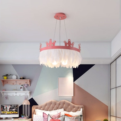 Crown Shaped Bedroom Chandelier Feather 2-Light Childrens Hanging Lamp with Crystal Deco