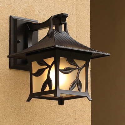 Dark Coffee Pagoda Wall Light Retro Frosted Glass 1-Light Courtyard Wall Lamp Sconce