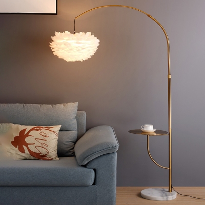 Dome Bedside Floor Lighting Feather 1 Bulb Modern Stand Up Lamp with Tray and Fishing Rod Arm