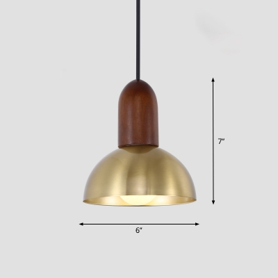 Gold Bowl Pendulum Light Nordic 1 Head Metal Ceiling Pendant Lamp with Brown Wood Top