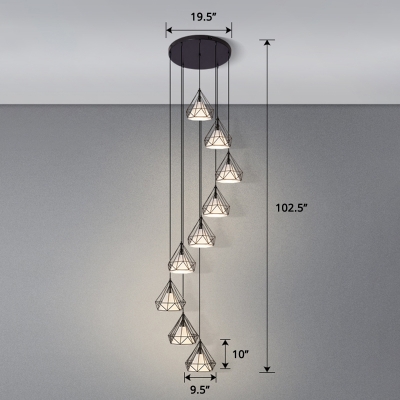 Iron Wire Diamond Multiple Lamp Pendant Nordic Style Suspension Light with Fabric Shade Inside for Stairway