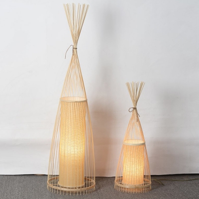 Japanese Style 1-Light Floor Lamp Wood Conical Standing Floor Light with Bamboo Shade
