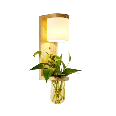 Lodge Style Geometric Wall Light 1 Bulb Cream Glass Sconce Fixture with Wooden Bracket and Glass Plant Pot
