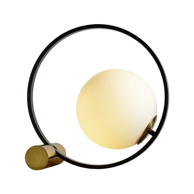 Opal Glass Ball Table Lighting Minimalistic 1 Bulb Black-Brass Night Lamp with Metal Ring