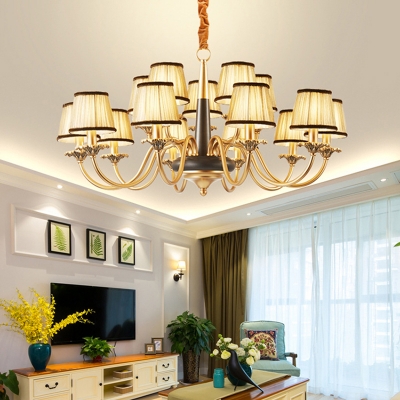 Pleated Fabric Suspension Lamp Country Style Gold-Black Tapered Living Room Chandelier