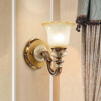 Scalloped Wall Lamp Traditional Gold Frosted Glass Wall Mount Lighting for Bedroom