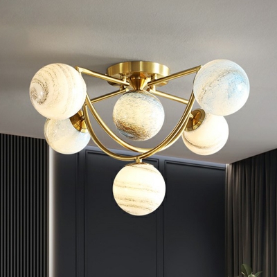 Stained Glass Planet Flush Mount Light Postmodern Gold Finish Semi Flush Ceiling Light for Living Room