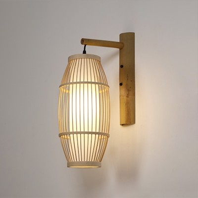 Wood Cage Wall Hanging Light Chinese 1 Bulb Bamboo Sconce Lighting for Restaurant