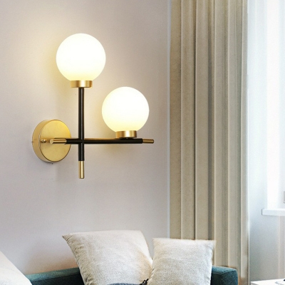 Ball Corridor Wall Sconce Lighting Ivory Glass 2-Head Minimalist Wall Lamp in Black-Brass