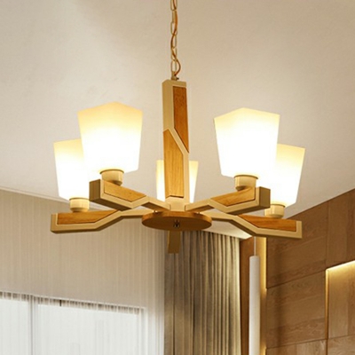Bedroom Chandelier Modern Wood Pendant Light Kit with Trapezoid Opaline Glass Shade