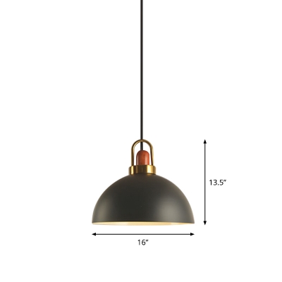 Black Dome Pendant Lamp Nordic Single-Bulb Aluminum Hanging Light Fixture with Wood Cork and Arc Handle