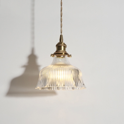 Clear Rib Glass Flower Pendulum Light Minimalist 1 Head Dining Room Pendant Light in Brass
