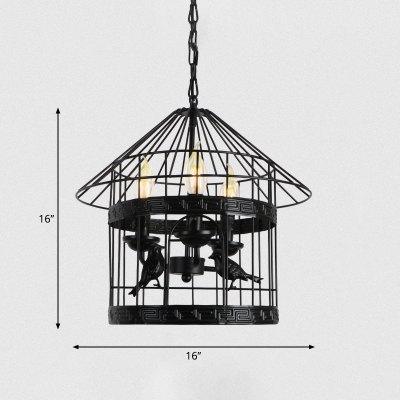 Country Style Cage Chandelier Pendant Metallic Hanging Light Fixture in Black for Restaurant