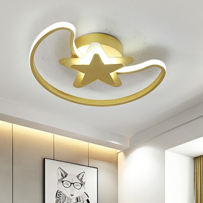 Crescent and Star Metal Ceiling Lamp Minimalist LED Flush Mount Lighting Fixture for Kids Room
