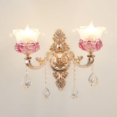 Flower Wall Mount Lighting Retro Gold Frosted Glass Sconce Lamp with K9 Crystal Drops
