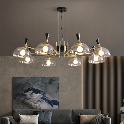 Glass Bowl Shade Chandelier Postmodern Black-Brass Hanging Ceiling Light for Dining Room