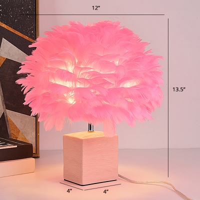 Goose Feather Sphere Table Light Modern 1 Bulb Nightstand Lamp with Cube Ceramic Base