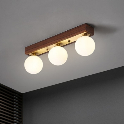 Linear Wooden Ceiling Mounted Light Simplicity Semi Flush Mount with Ball White Glass Shade